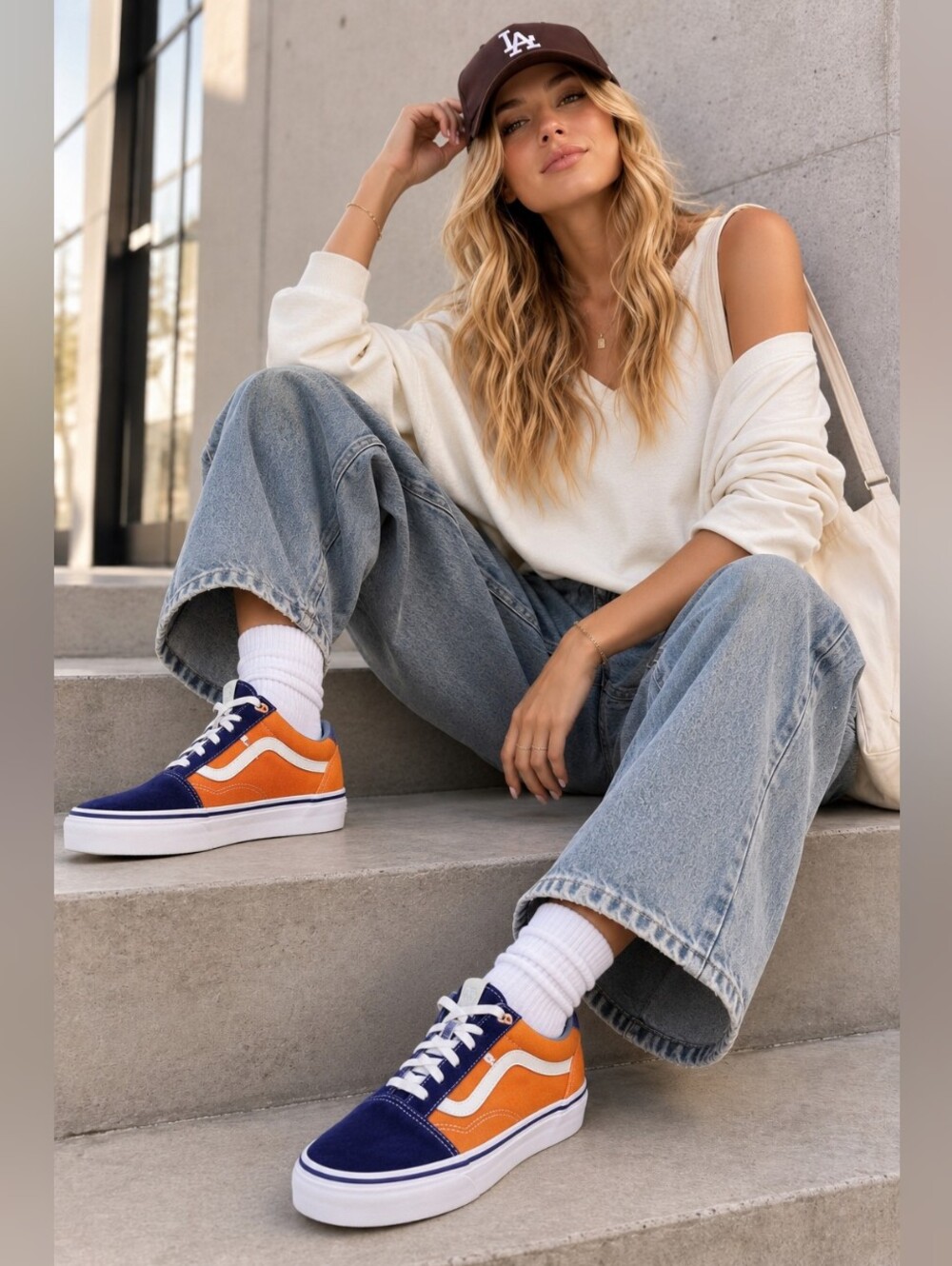 Vans Old Skool Orange & Blue Sneakers Women's Size 9.5 Streetwear Skate Shoes